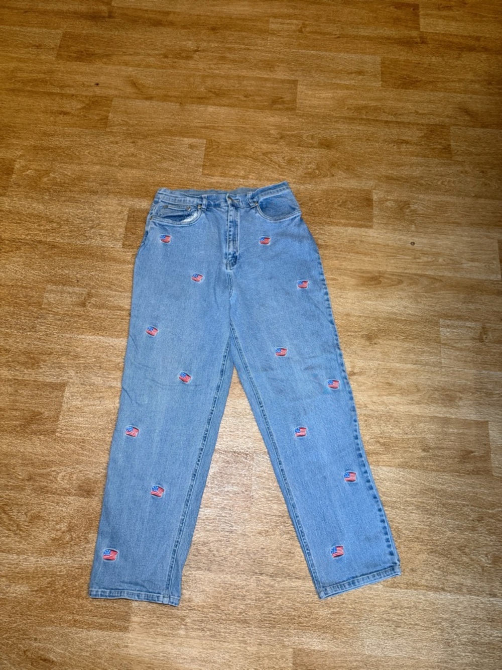 Vintage Light Blue Straight-Leg Embroidered Flag Jeans